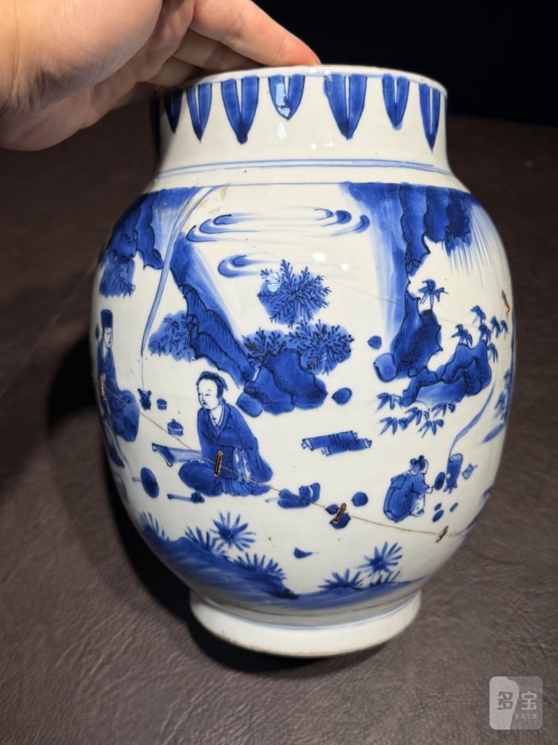 明崇祯 青花高士图莲子罐 - 图5